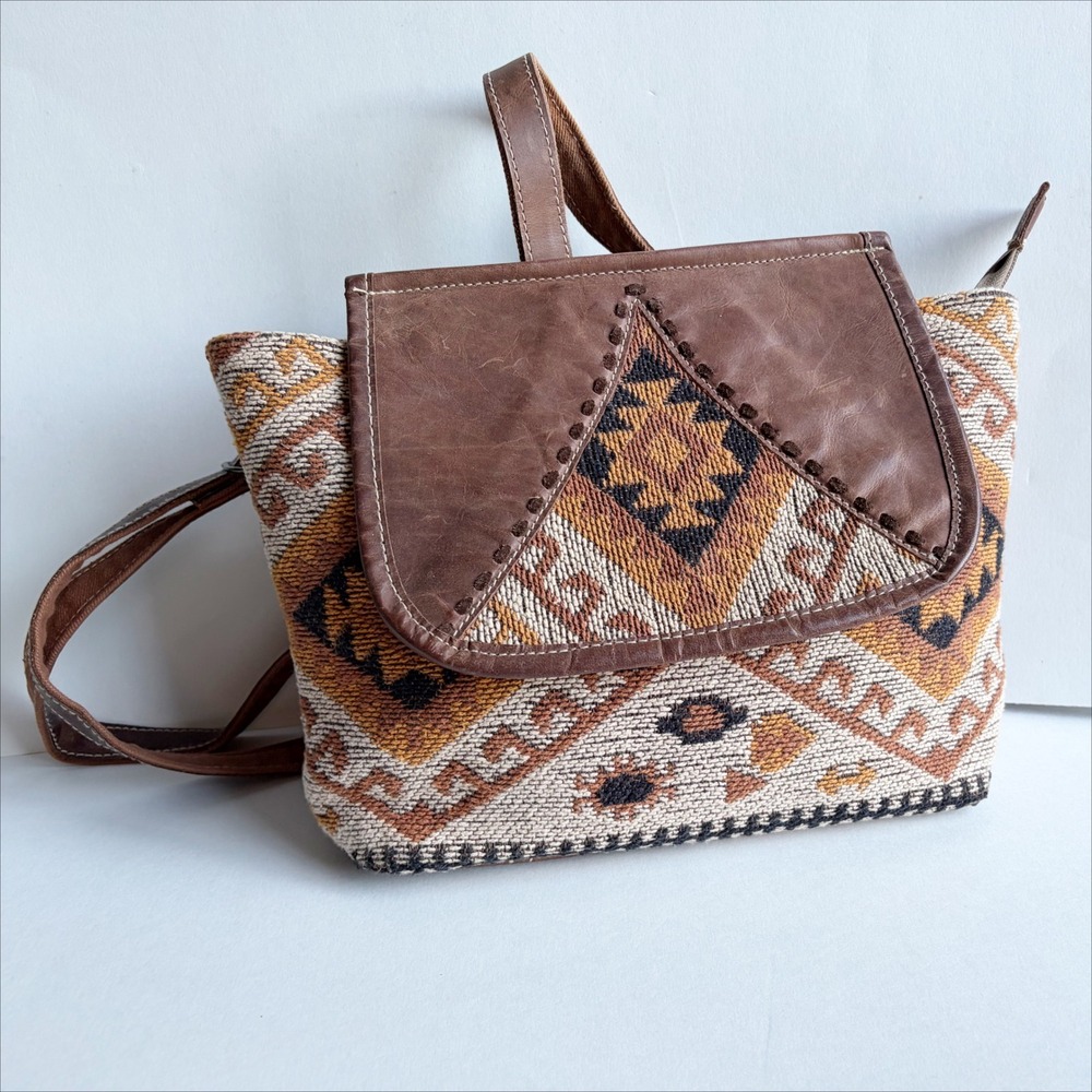 Myra Bag Terreous Backpack Bag Southwestern Canvas Leather Brown Geometric Boho - Picture 2 of 12